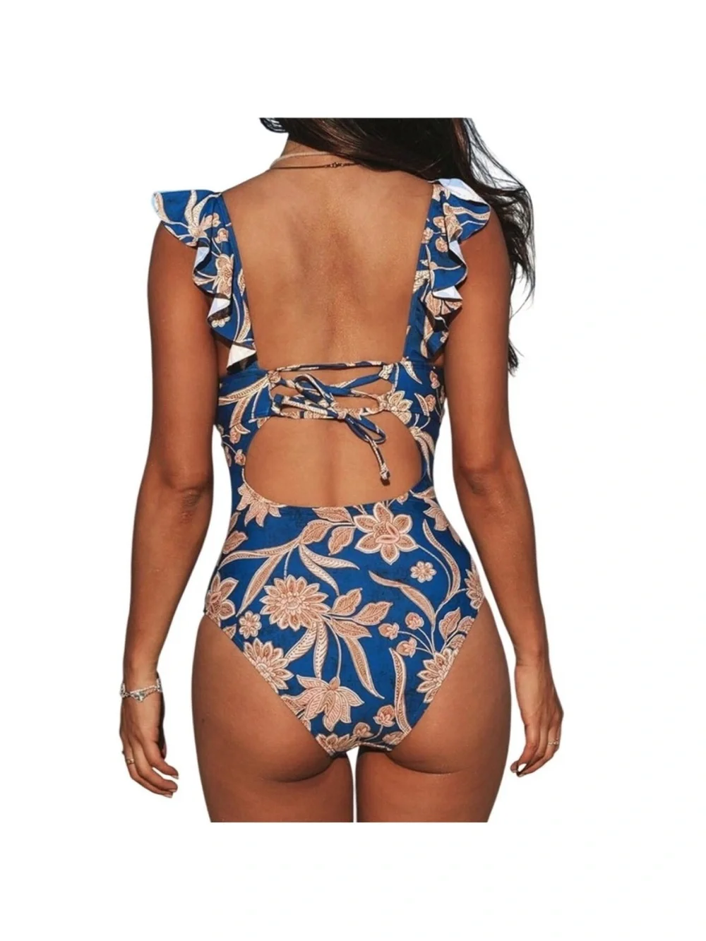 Cupshe Womens Nylon Spandex One Piece Swimsuit Floral Ruffle Boho L Navy Blue